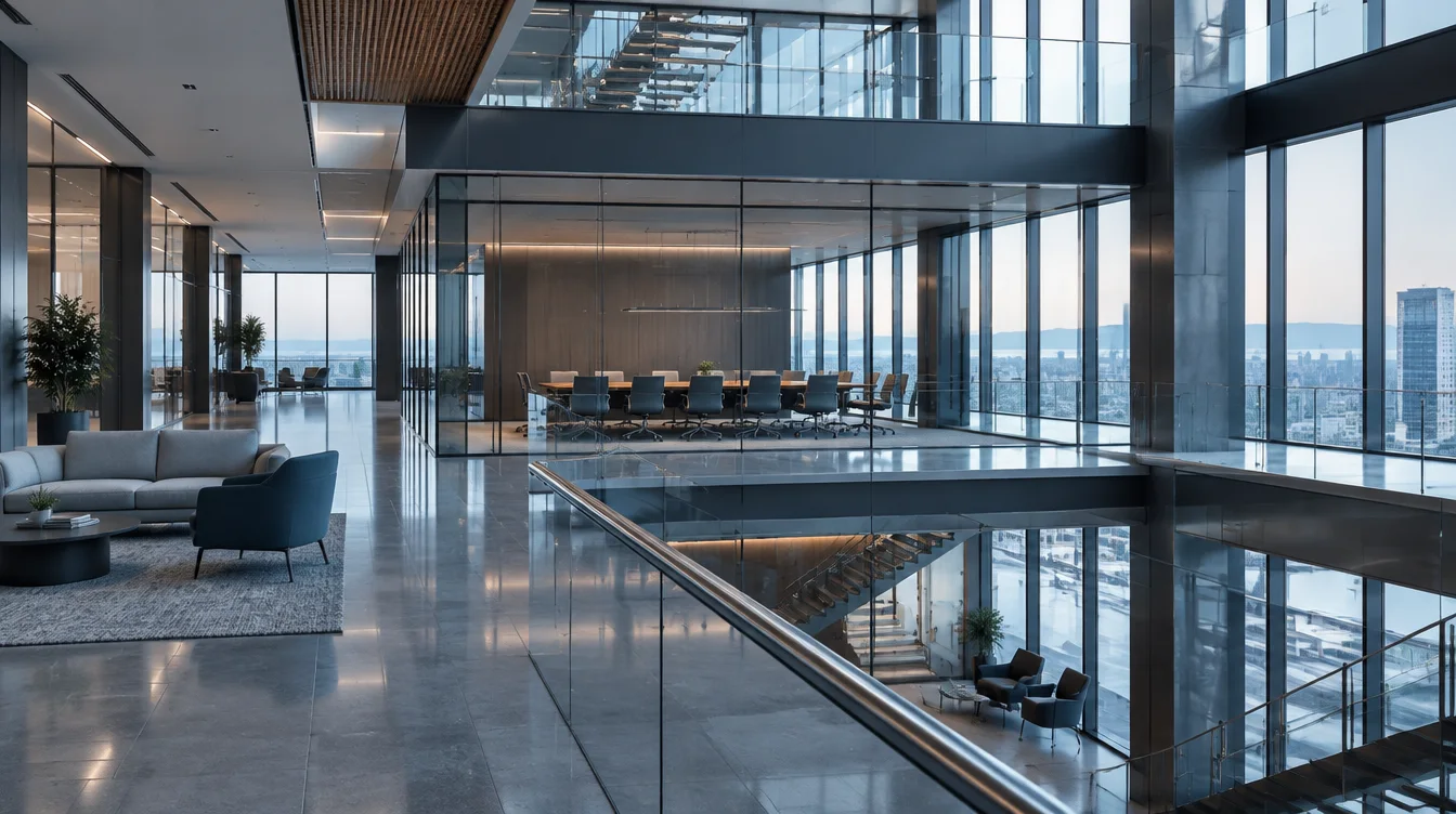 Illustrative contemporary enterprise workspace with layered glass partitions, steel framing, and natural light.